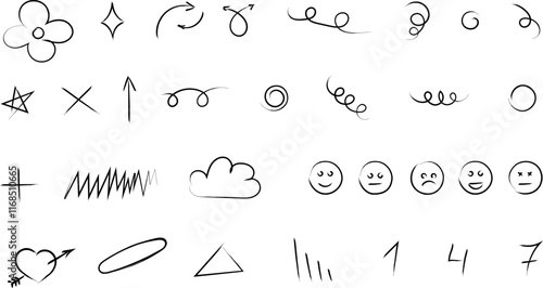 Chalk scribble doodle arrow, line elements set. Crayon arrow, underline, handwritten mark check. Rough hand drawn marker sketch with brush grunge texture. Hand drawn doodle brush lines vector image.