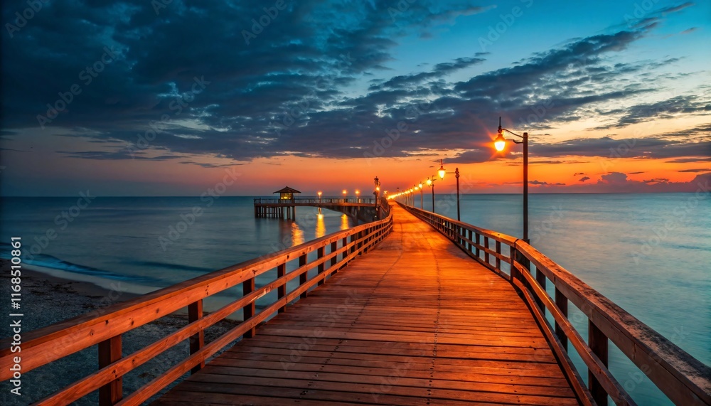 Obraz premium Serene Sunset on Wooden Pier with Calm Ocean and Reflections V4