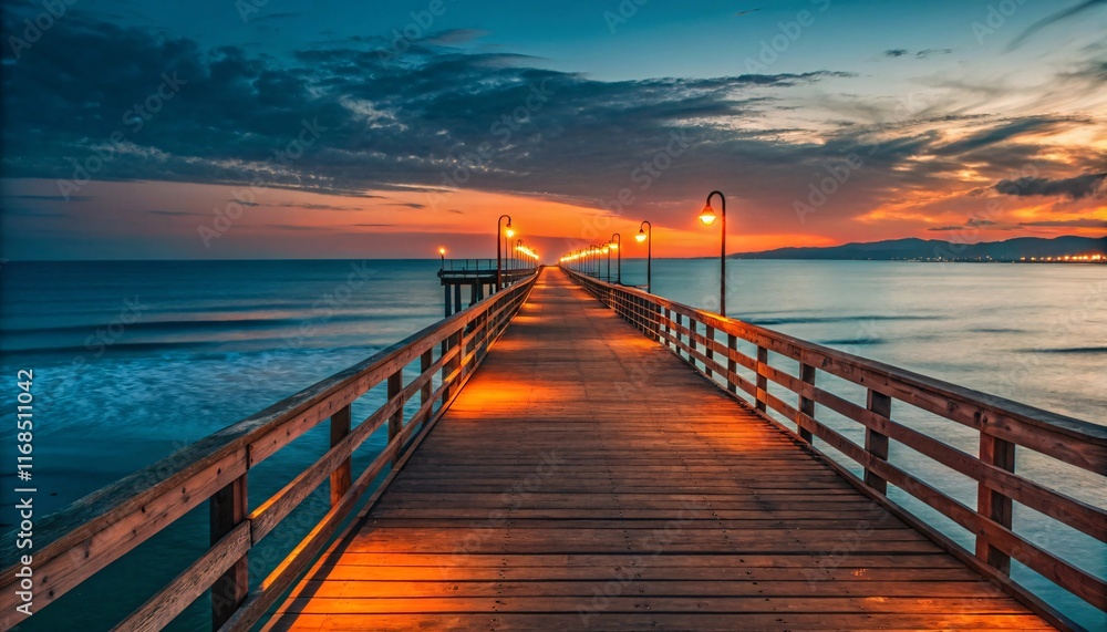 Obraz premium Serene Sunset on Wooden Pier with Calm Ocean and Reflections V5