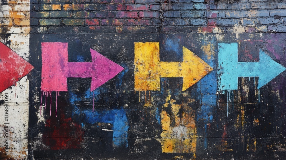 Fototapeta premium A set of bold, brightly colored arrow symbols painted on a grunge urban wall