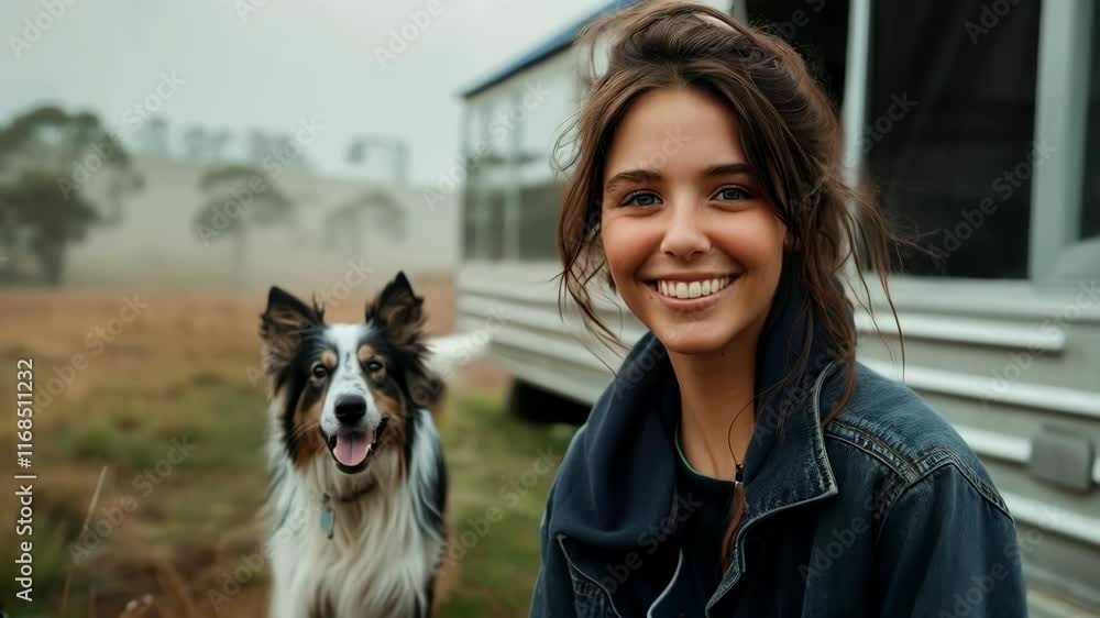 A female farmer, smiling and holding her border collie in the background next to a trailer on a farm with rolling hills and a misty atmosphere A female farmer, smiling and holding her border collie in the background next to a trailer on a farm with rolling hills and a misty atmosphere