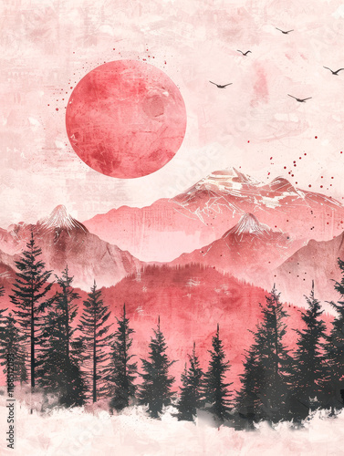 Watercolor Art of Mountains, Forest and Full Moon, Generative AI photo