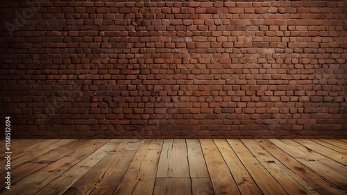 The stock photo shows a wall background with a red brick wall texture and a wooden floor.