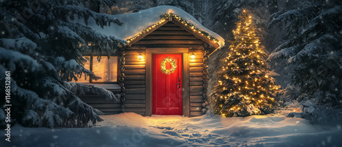 Wooden house with red door, glowing tree beside, surrounded by snow and festive lights-3