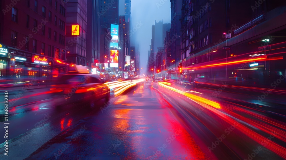 Obraz premium City Street Night Traffic Light Trails Reflections