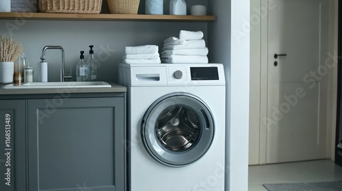 Wallpaper Mural Laundry area with washing machine and neatly stacked towels Torontodigital.ca