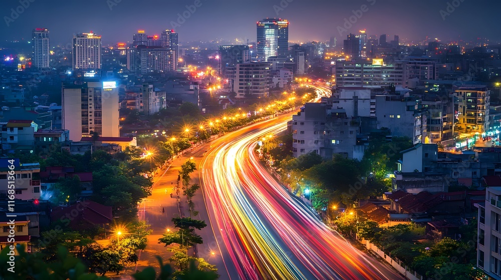 Fototapeta premium Night Cityscape Showing Light Trails On A Busy Road
