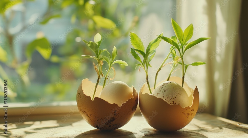New Life Emerging: Saplings sprouting from eggshells near a sunlit window, symbolizing rebirth, growth, and the circle of life. New Life Emerging: Saplings sprouting from eggshells near a sunlit window, symbolizing rebirth, growth, and the circle of life.