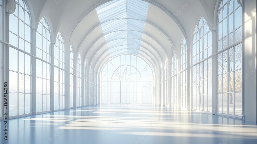 Fototapeta premium Sunlit white hall with arched windows and glass ceiling.