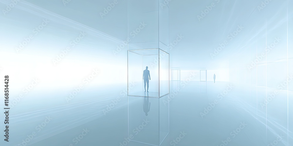Naklejka premium A minimalist space with glass structures and silhouettes, evoking a sense of isolation.