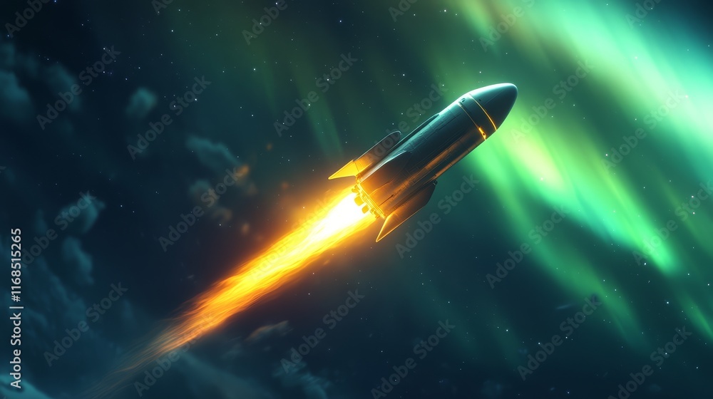 A rocket launches into the night sky, leaving a trail of fire, with colorful auroras illuminating the background. A rocket launches into the night sky, leaving a trail of fire, with colorful auroras illuminating the background.