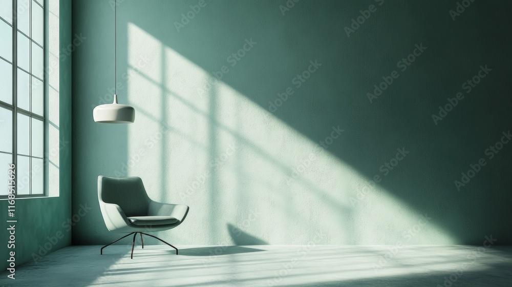 Sunlit minimalist room with chair and pendant lamp. Sunlit minimalist room with chair and pendant lamp.