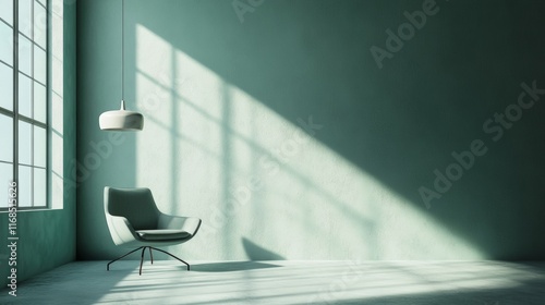 Sunlit minimalist room with chair and pendant lamp. photo