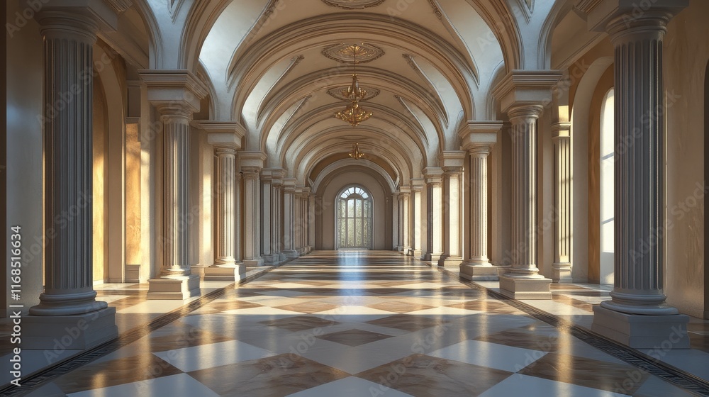 Sunlit grand hall with columns, arched ceiling, and marble floor. Sunlit grand hall with columns, arched ceiling, and marble floor.