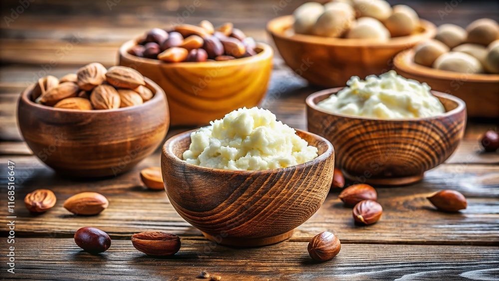 Creamy Shea Butter & Nut Bowls: Close-up on Rustic Wood Creamy Shea Butter & Nut Bowls: Close-up on Rustic Wood