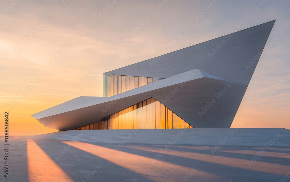 Modern architecture at sunrise, geometric building reflecting golden light. Modern architecture at sunrise, geometric building reflecting golden light.