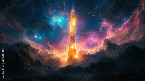 Wallpaper Mural A cosmic tower radiates brilliant light against a vivid backdrop of stars and nebulae, creating a mesmerizing celestial landscape. Torontodigital.ca