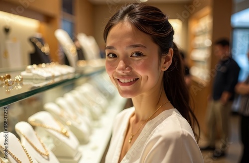 A woman in a jewelry store, smiling affably in a white shirt. Special offer, gift time. Stock photo