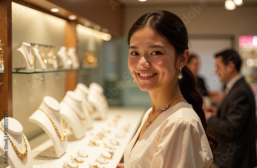 A woman in a jewelry store, smiling affably in a white shirt. Special offer, gift time. Stock photo