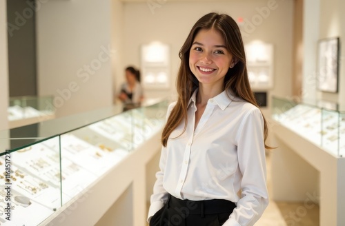 A woman in a jewelry store, smiling affably in a white shirt. Special offer, gift time. Stock photo