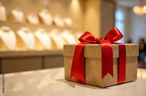 A brown box with a red ribbon stands on the counter in a jewelry store. It's time to buy gifts. Valentine's Day or International Women's Day photo