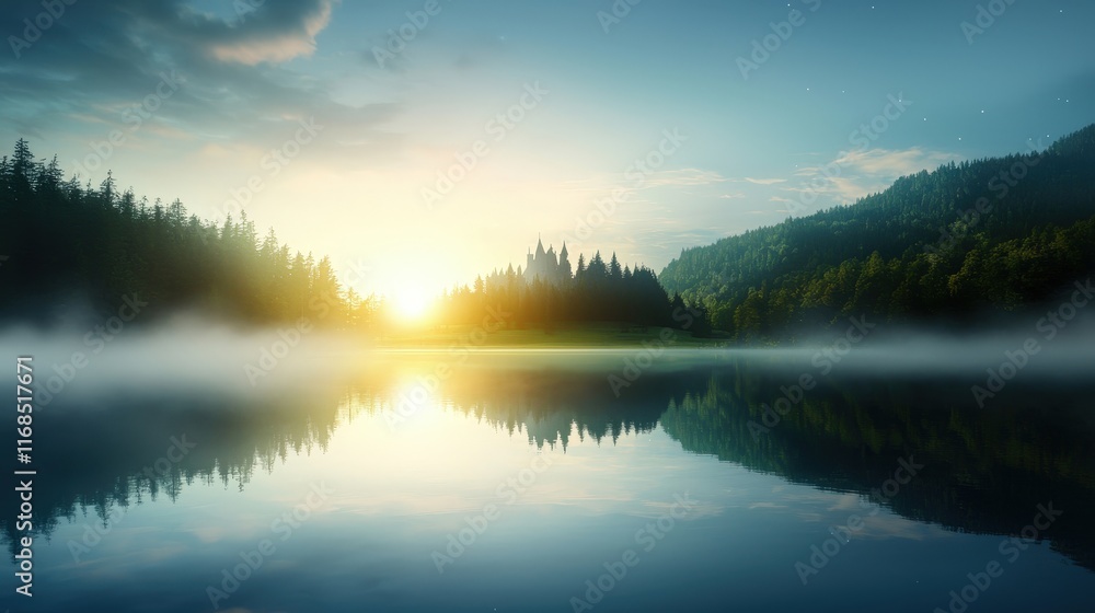 Fototapeta premium Tranquil Sunrise Over Serene Lake and Mountains