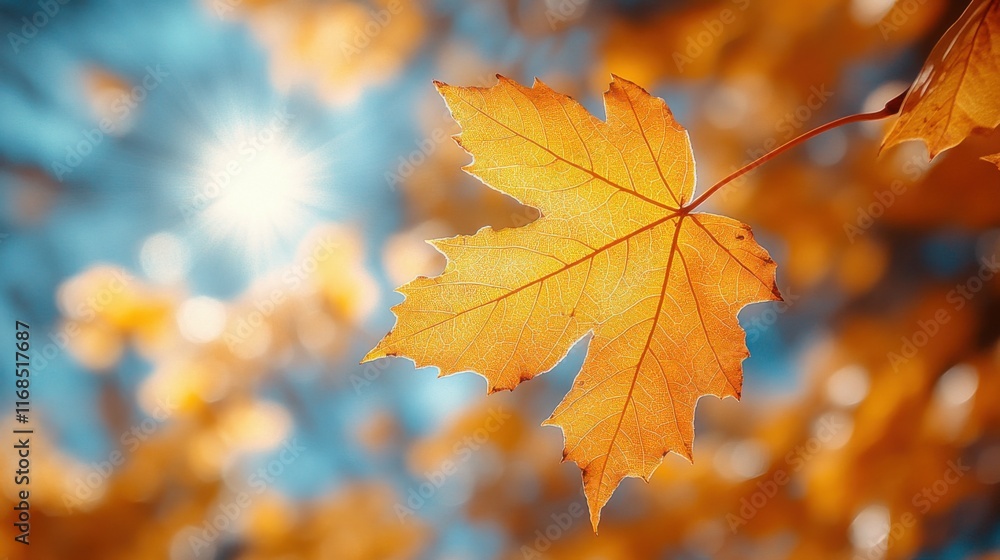 A single yellow maple leaf against a blurred background of other leaves and the sun. A single yellow maple leaf against a blurred background of other leaves and the sun.