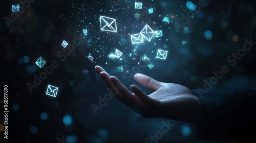 Hand Gently Holding Glowing Email Icons in Dark Space.. photo