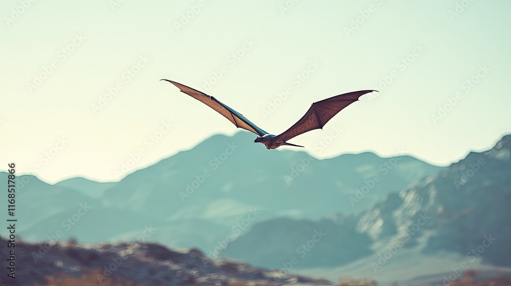Fototapeta premium A bat soaring gracefully over a mountainous landscape under a clear sky.