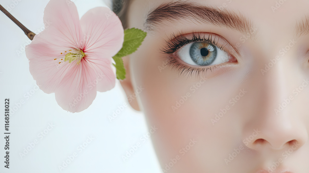 Close up of woman eye with long lashes and pink flower nearby, showcasing beauty and nature Close up of woman eye with long lashes and pink flower nearby, showcasing beauty and nature