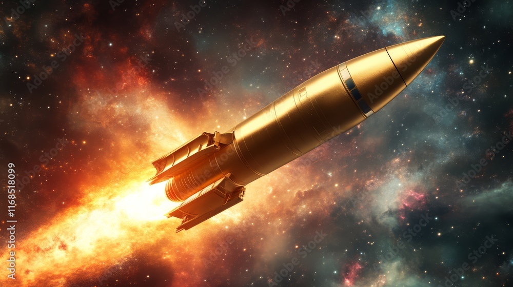 A sleek golden rocket propels through a vibrant space backdrop, emitting fiery trails, symbolizing adventure and exploration. A sleek golden rocket propels through a vibrant space backdrop, emitting fiery trails, symbolizing adventure and exploration.