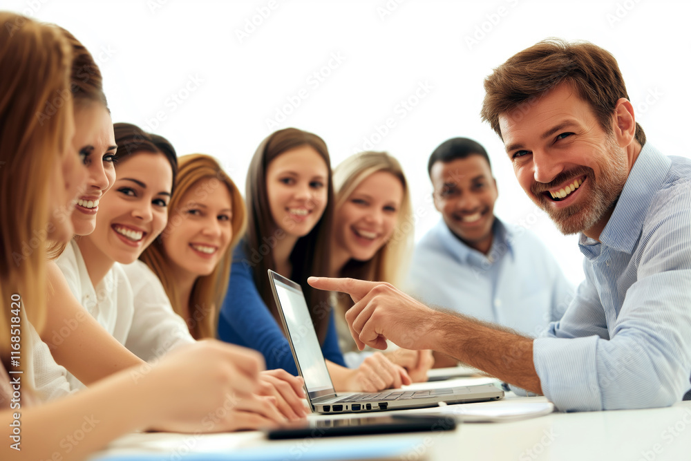 Smiling team leader pointing at a laptop screen during a collaborative meeting, diverse team engaged and nodding. Smiling team leader pointing at a laptop screen during a collaborative meeting, diverse team engaged and nodding.