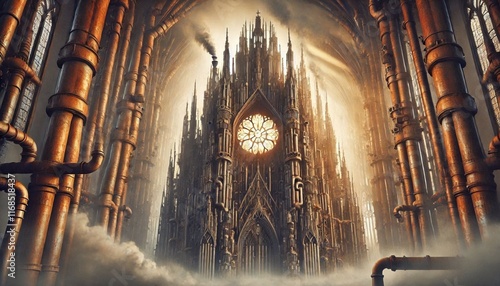 A majestic Gothic cathedral, reimagined in a steampunk style. Towering pipes and gears replace stained glass, casting a warm industrial glow. photo