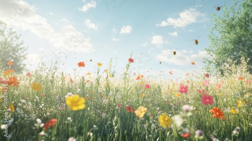 A tranquil sunny meadow filled with wildflowers, buzzing bees, and soft blue skies overhead