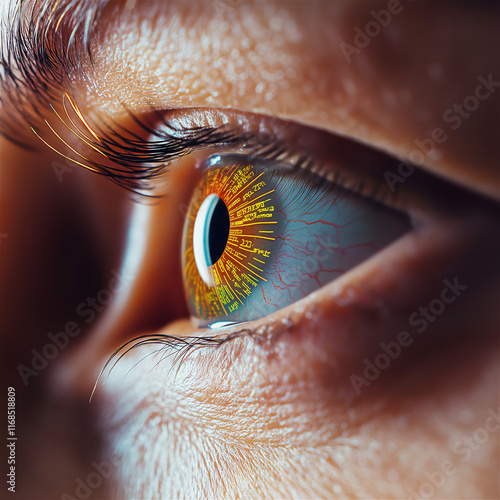 A close-up of a human eye reflecting vivid colors and intricate details, symbolizing perception, insight, and vision. Highlights individuality and depth. photo