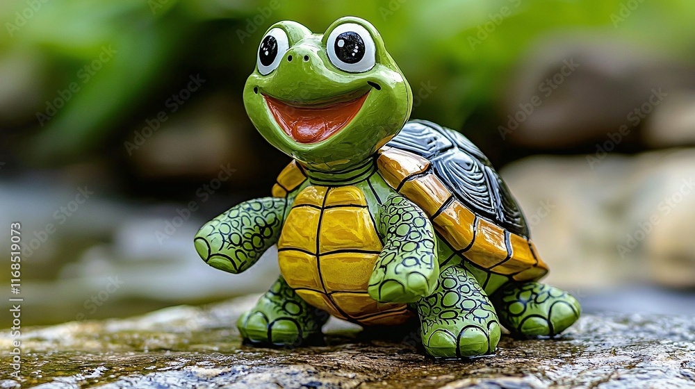 Fototapeta premium Happy ceramic turtle garden statue, outdoors, nature background, kids decor