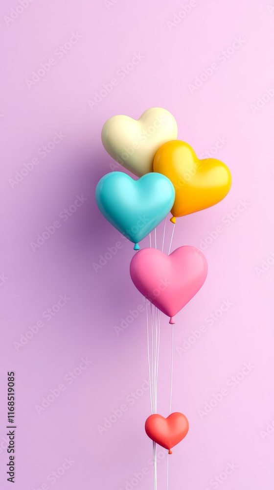 Colorful heart-shaped balloons float against a soft purple background, creating a cheerful and festive atmosphere. Colorful heart-shaped balloons float against a soft purple background, creating a cheerful and festive atmosphere.