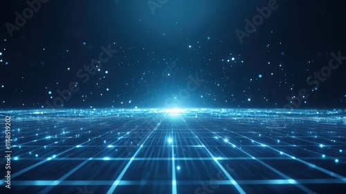 Digital Horizon: A mesmerizing blue grid shimmers with ethereal particles, radiating an otherworldly glow. This abstract background image evokes a sense of boundless potential, digital evolution.