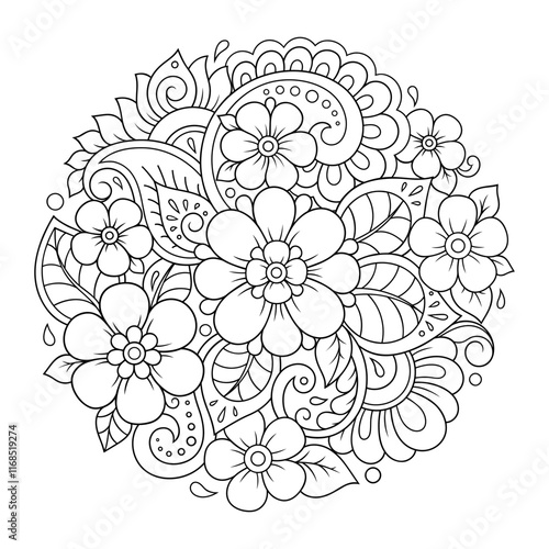 Outline round flower pattern in mehndi style for coloring book page. Antistress for adults and children. Doodle ornament in black and white. Hand draw vector illustration.