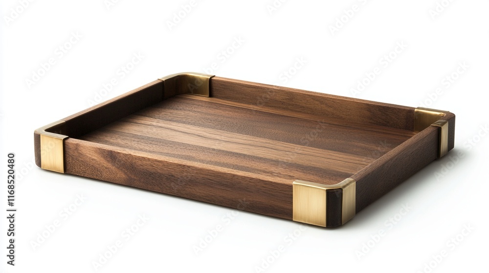Contemporary wooden tray with brass accents, isolated on white for stylish serving Contemporary wooden tray with brass accents, isolated on white for stylish serving