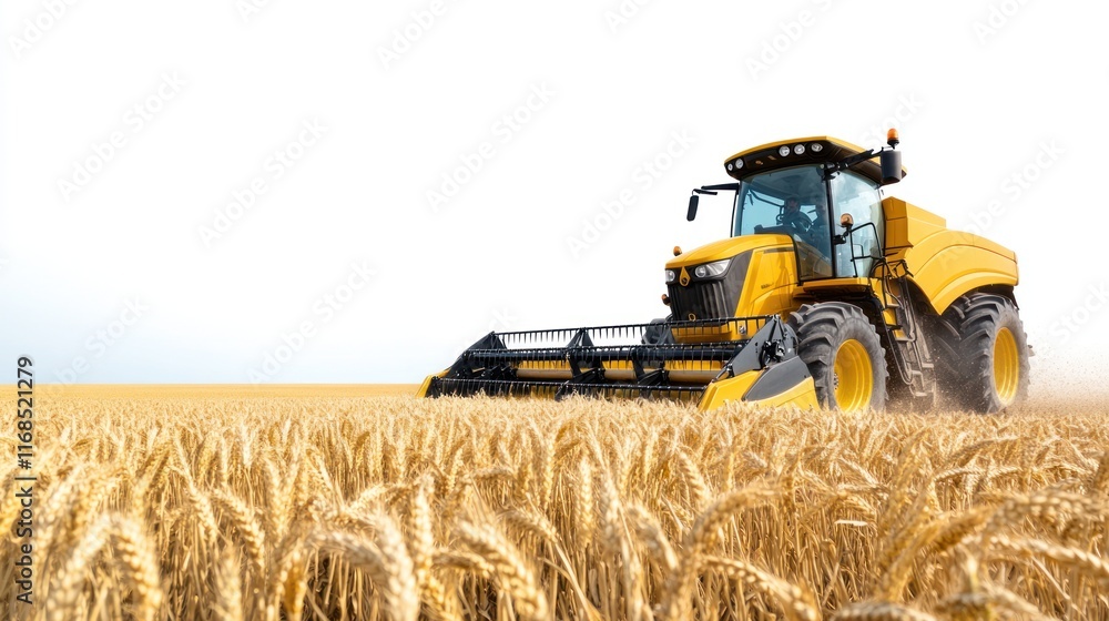 Obraz premium A yellow tractor harvesting wheat in a golden field.