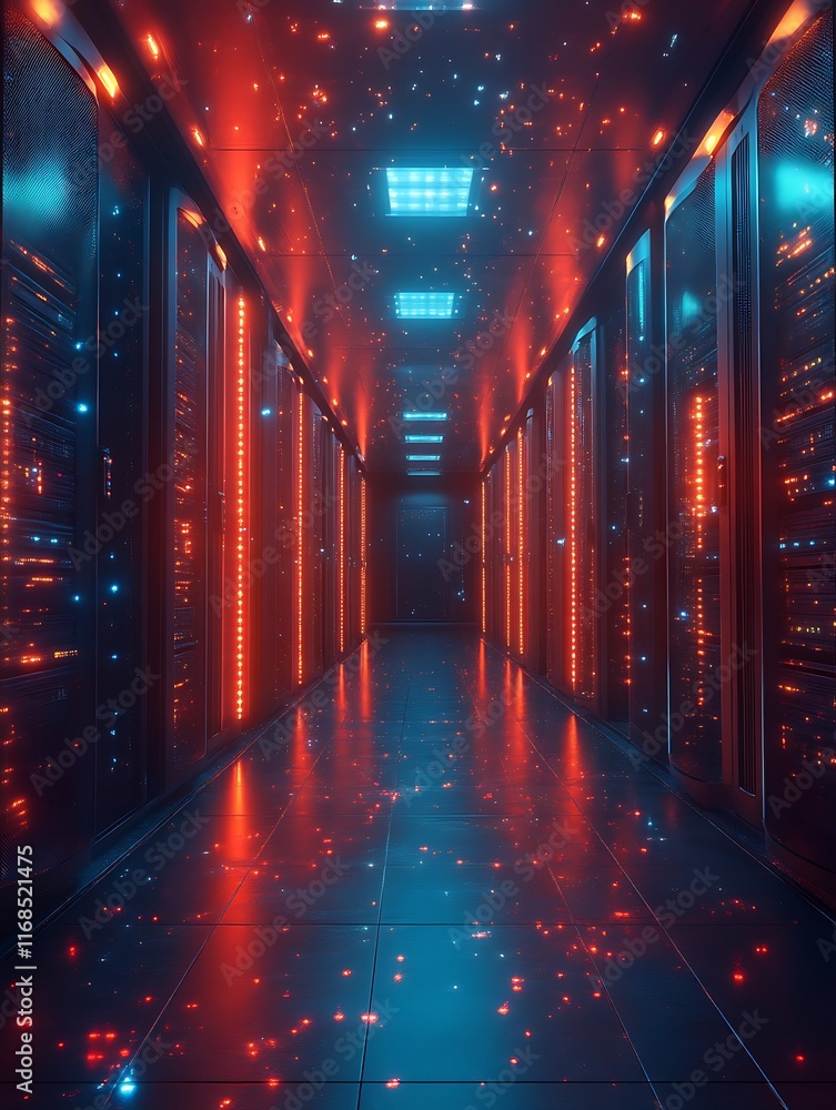 Fototapeta premium Neon-lit server room corridor. (2)
