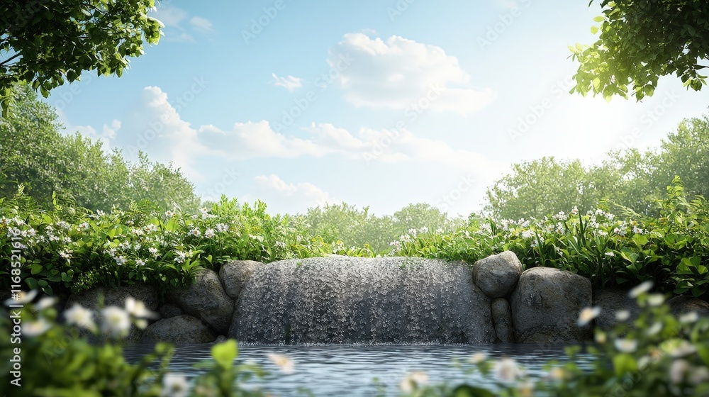 Naklejka premium Tranquil Waterfall in a Lush Green Landscape