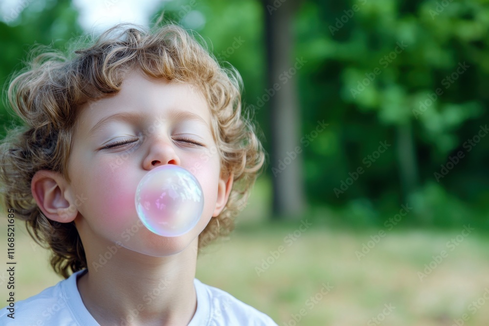 Child enjoying bubble gum outdoors in a sunny green park Child enjoying bubble gum outdoors in a sunny green park