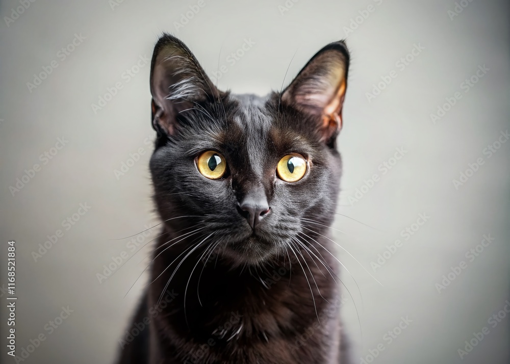 Cute Black Cat Tilting Head, Curious Pose, Isolated on Gray Background - Stock Photo Cute Black Cat Tilting Head, Curious Pose, Isolated on Gray Background - Stock Photo