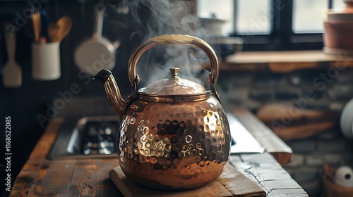 rustic copper kettle with steam rising cozy and warm photo