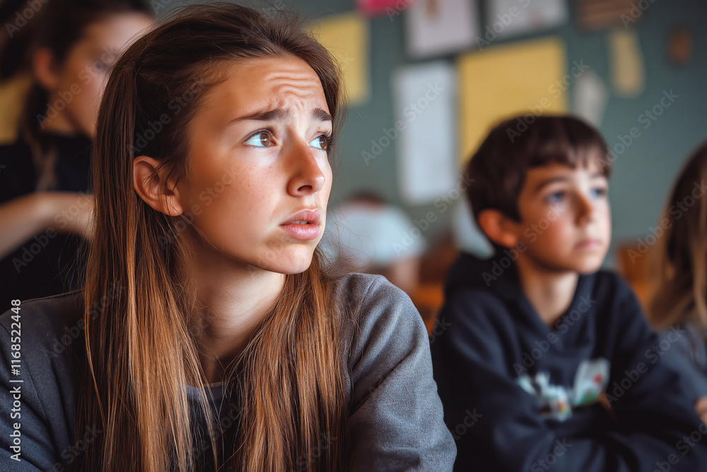 A teenage girl with a worried expression sitting in a classroom, surrounded by other students, conveying concern and introspection during a lesson. A teenage girl with a worried expression sitting in a classroom, surrounded by other students, conveying concern and introspection during a lesson.