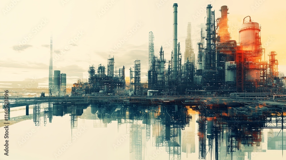 Naklejka premium factory, industry, oil, refinery, plant, industrial, pollution, sunset, power, gas, chemical, energy, sky, chimney, smoke, night, tower, environment, silhouette, river, city, landscape, sunrise, fuel,