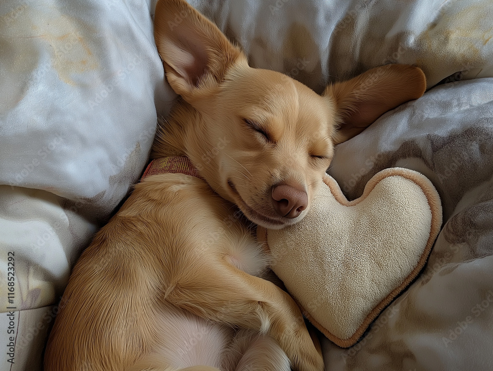 Naklejka premium piesek śpiący na poduszce w kształcie serca