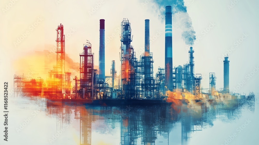 Obraz premium factory, industry, oil, refinery, plant, industrial, pollution, sunset, power, gas, chemical, energy, sky, chimney, smoke, night, tower, environment, silhouette, river, city, landscape, sunrise, fuel,